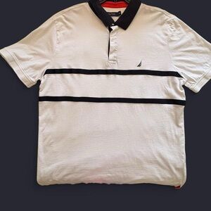 Nautica White Polo with Black Stripes and Black Collar